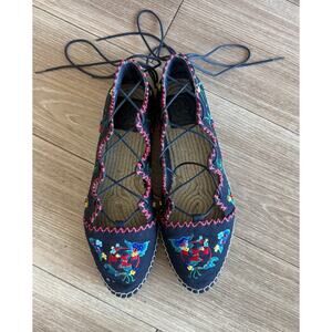 Tory Burch Black Embroidered Floral Lace Up Espadrille Flats Size 8